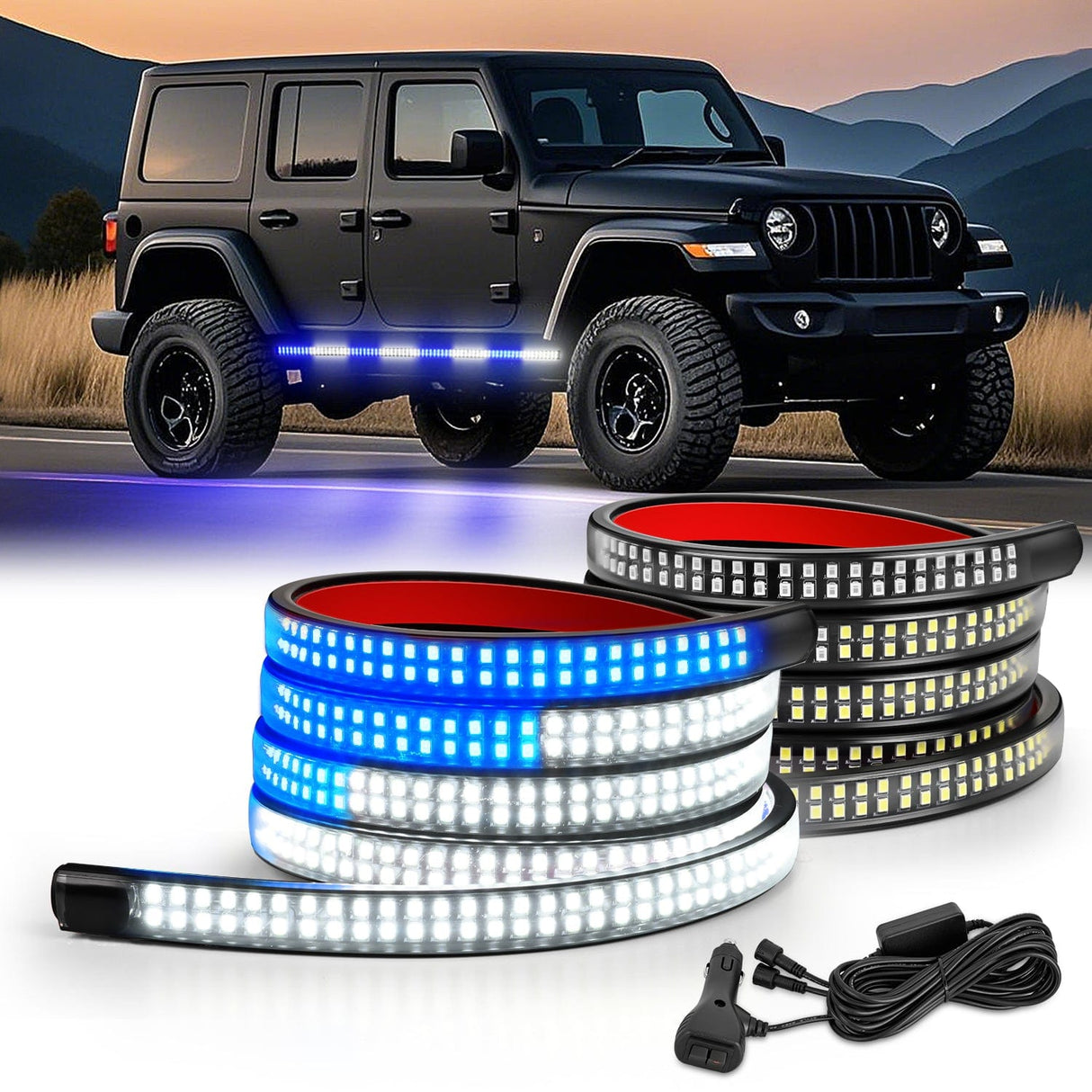 Led light Strip 2PCS 70 Inch Emergency Strobe Light Strip 1125 LED Running Board Lights Blue White Flexible Side Flashing Warning Caution Safety Waterproof for Truck Construction Vehicles Pickup