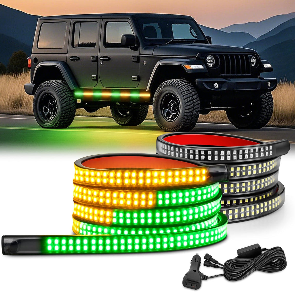 Led light Strip 2PCS 70 Inch Emergency Strobe Light Strip 1125 LED Running Board Lights Amber Green Flexible Side Flashing Warning Caution Safety Waterproof for Truck Construction Vehicles Pickup