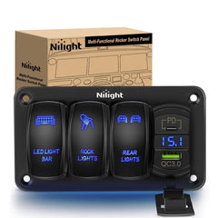 3Gang Led Light Bar/Rear Lights/Rock Lights 5Pin ON/Off Rocker Switch Panel Blue W/ PD Type C and USB Charger Voltmeter
