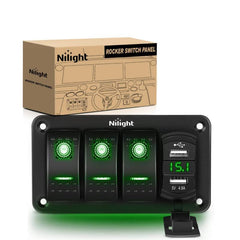 3Gang Aluminum 5Pin ON/Off Green Rocker Switch Panel w/ 4.8 Amp Dual USB Charger Voltmeter