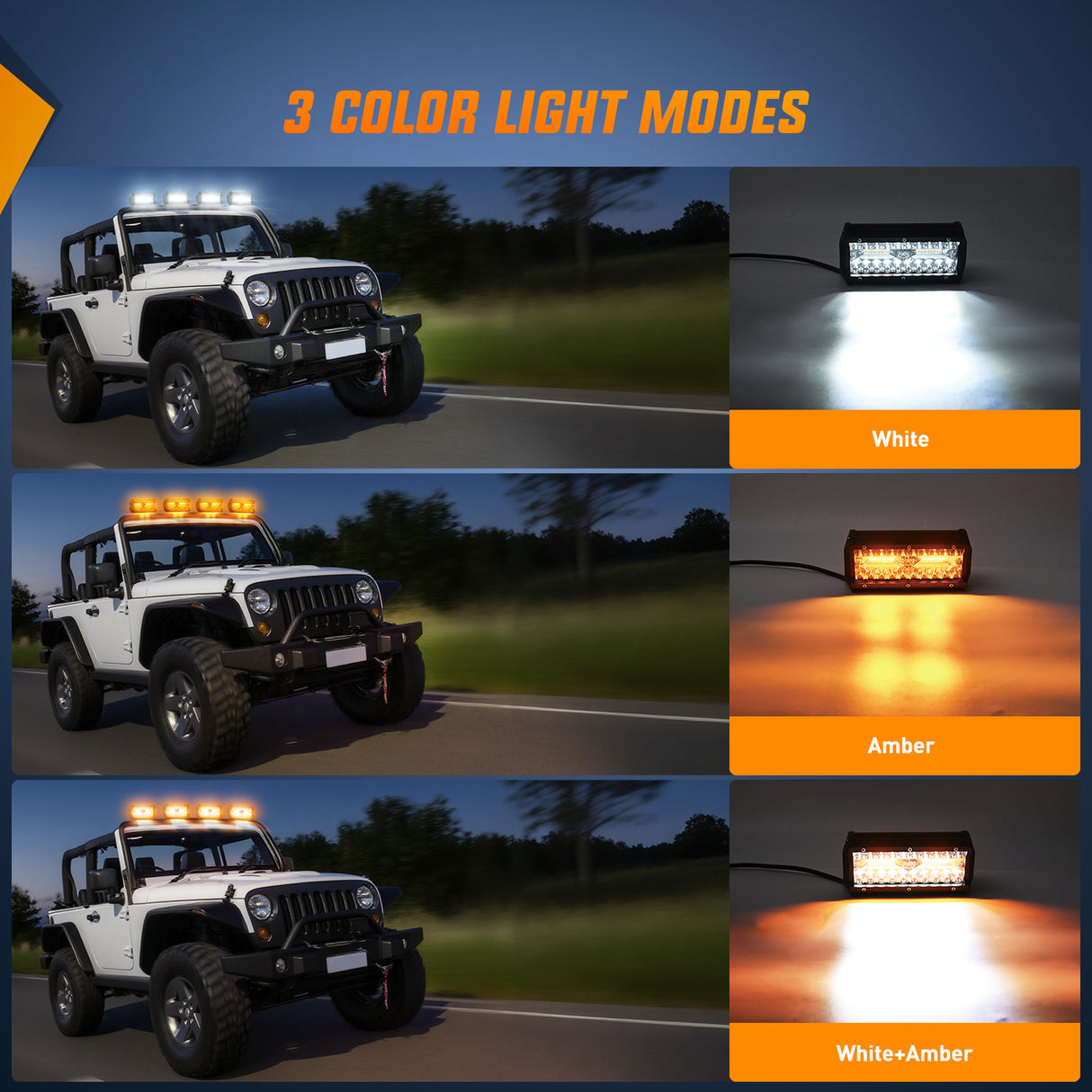 LED Light Bar 6.5Inch Off-Road LED Light Bar, 2PCS 120W 3 Lighting Modes (White/Amber/White&Amber) Driving Fog Light Spot Flood Lights with 18AWG Wiring Harness for Truck Car ATV SUV Jeep Boat