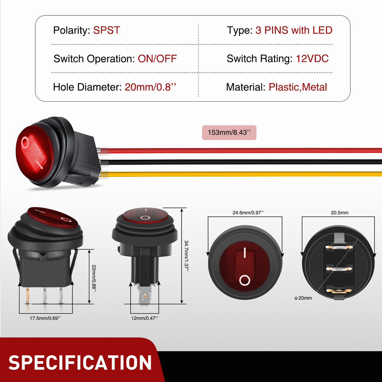 Nilight 5Pcs Waterproof Round Rocker Toggle Red LED Switch 12V 20A 3 Pin ON Off SPST for Car Truck Boat Marine Automotive RV with Locked Terminal Wires