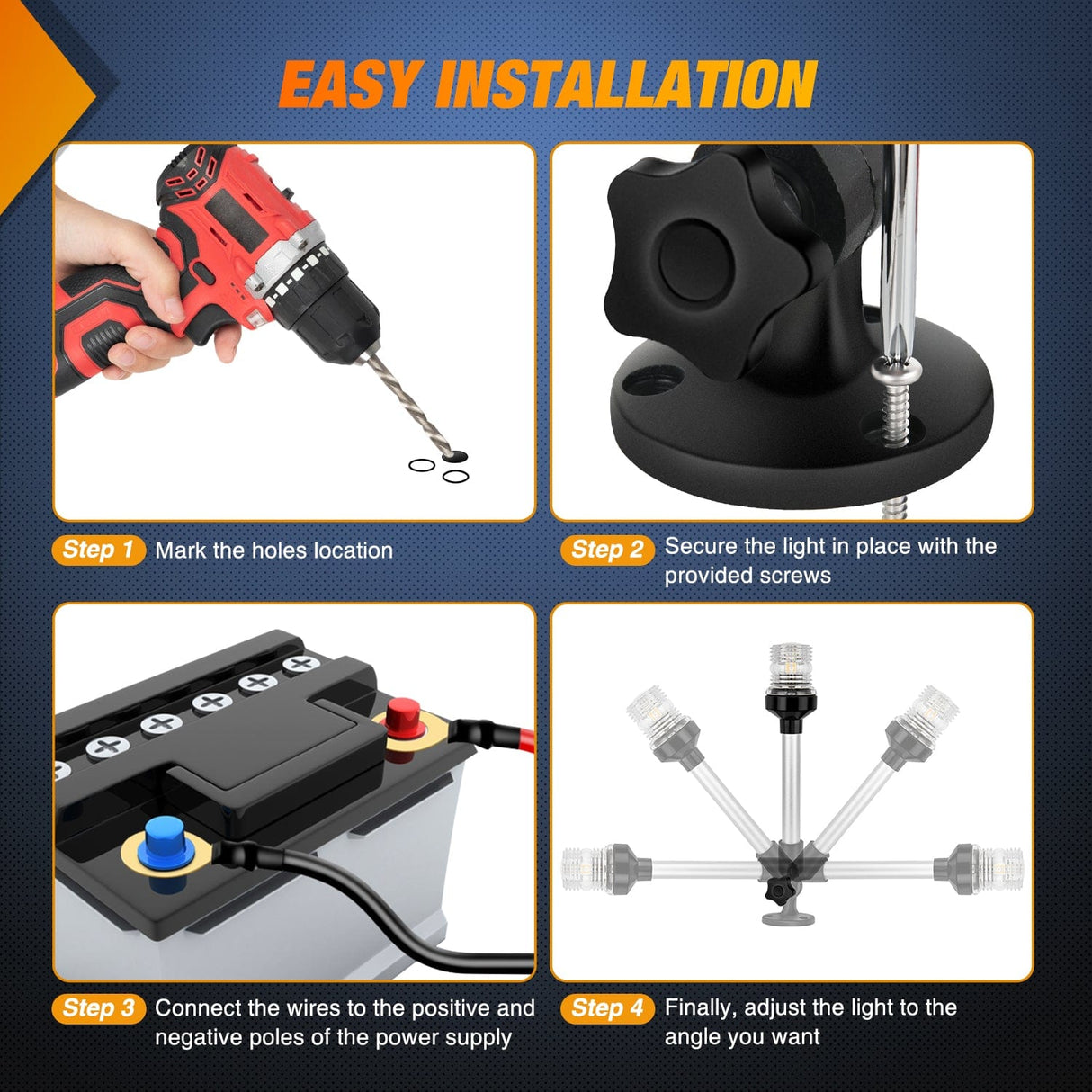 LED Work Light 12 Inch White Folding Stern Light for Marine Boats