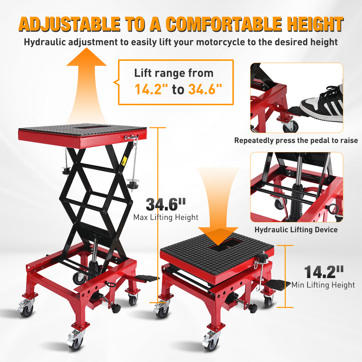 Motorcycle Lift Table Jack 300 LBS Heavy Duty Hydraulic Motorcycle Scissor Jack Lifts Table Foot Pedal with 4 Caster Wheels Wide Deck for Motorbike Dirt Bike ATV Garage Repair Tool, Red