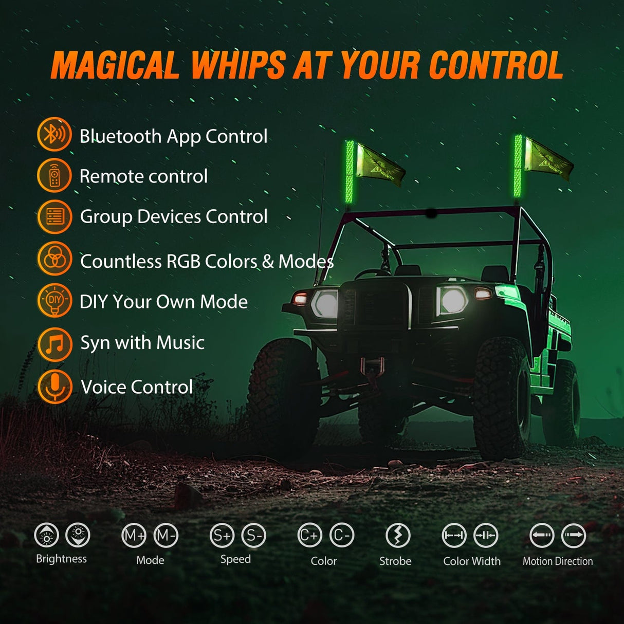 LED Whip Light 2Pcs 2FT Spiral Antenna Bluetooth Remote App Control Led Fat Whip Light