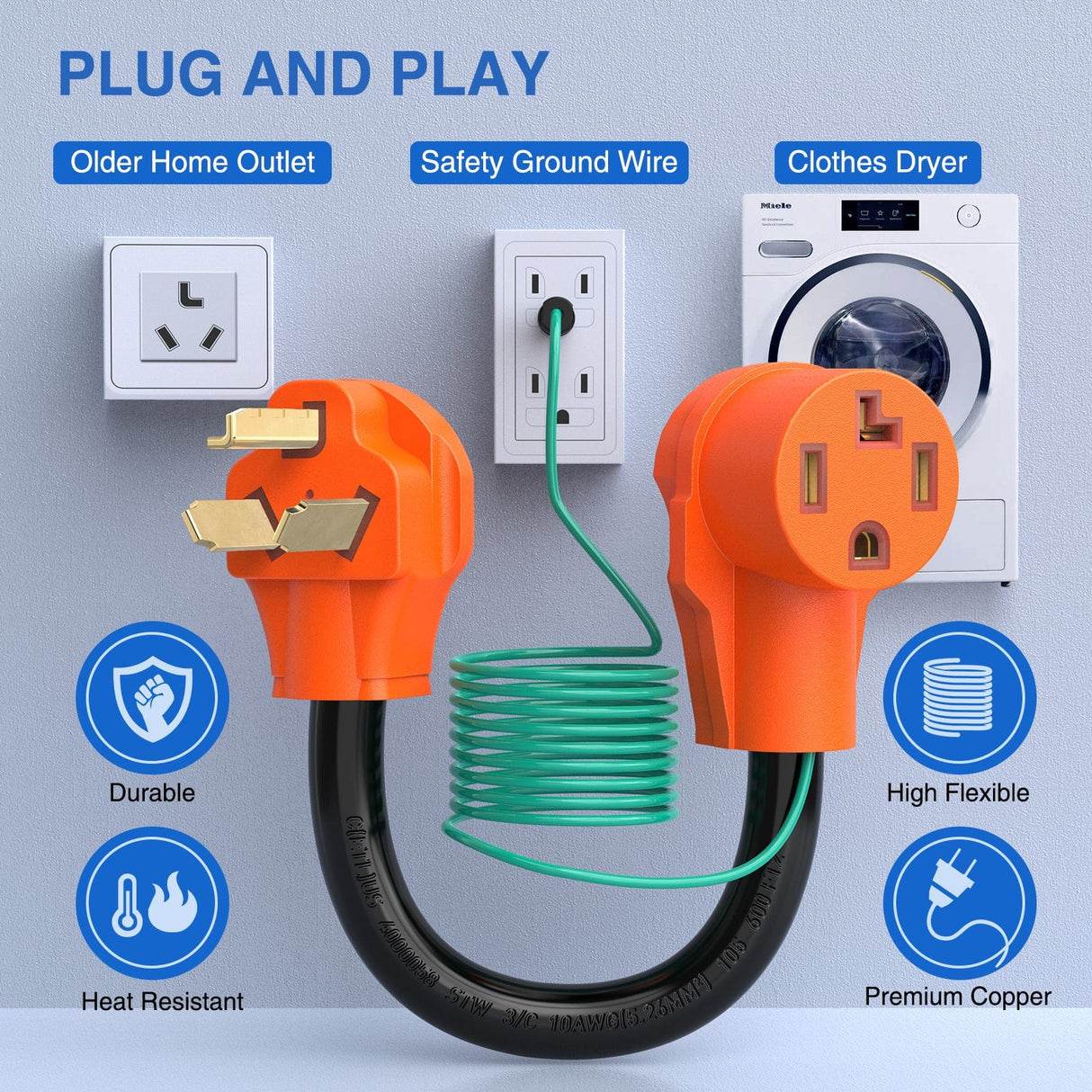 RV Parts 30 Amp Dryer Adapter Cord 10-30P Male to 14-30R Female Receptacle