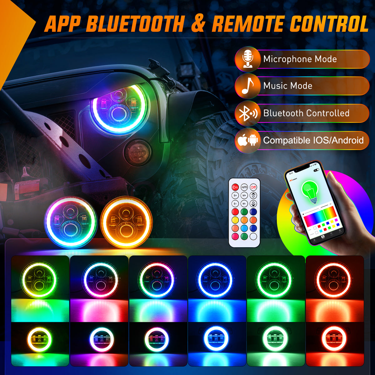7-Inch RGB LED Headlights with Amber Turn Signal, Remote Control, High/Low Beam, Compatible with Jeep Wrangler JK JKU 2007–2015