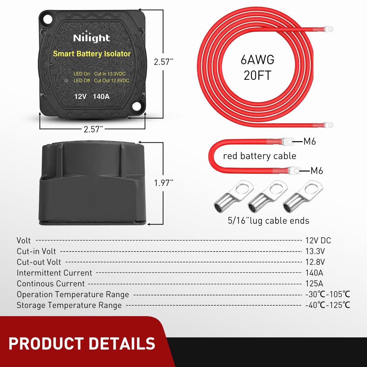 Nilight 12V 140AMP Dual Battery Isolator Kit with 6 AWG Power Cable Terminal Voltage Sensitive Relay Smart VSR Automatic Charger Disconnect for Truck Van RV ATV UTV Boat Can Am