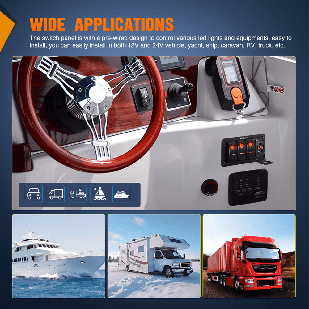 Rocker Switch 3 Gang Switch Panel With QC3.0 & PD Charger And Voltmerter with Orange Backlit