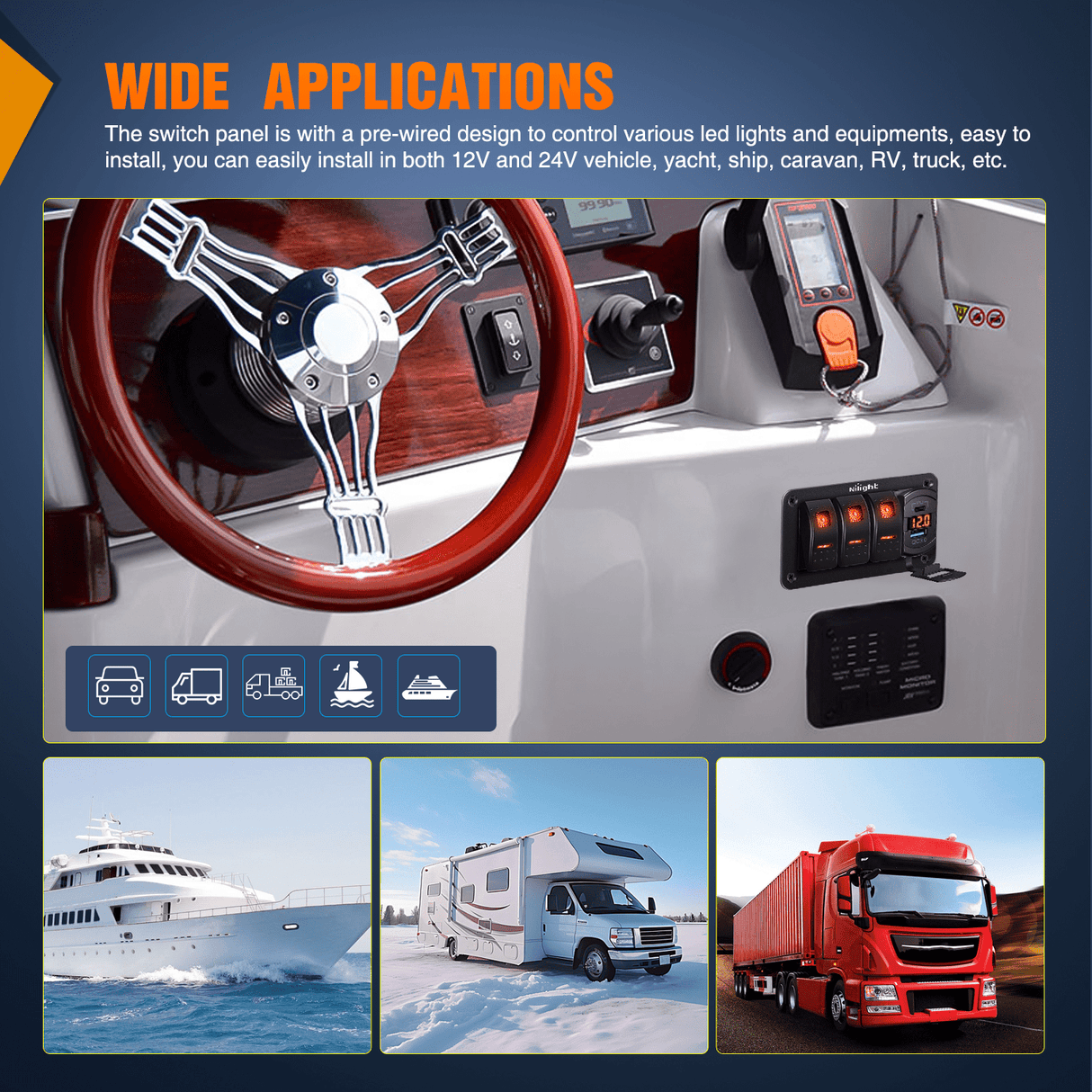 Rocker Switch 3 Gang Switch Panel With QC3.0 & PD Charger And Voltmerter with Orange Backlit