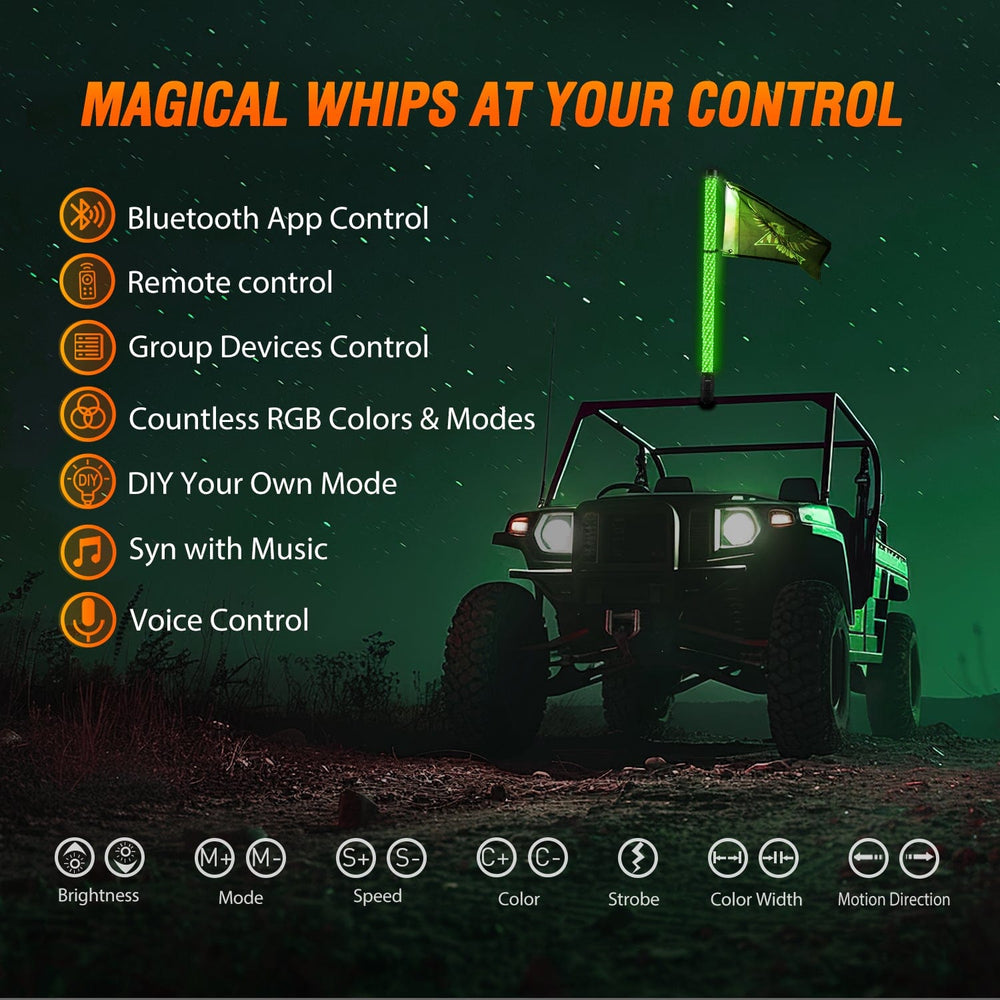 LED Whip Light 1Pc 3FT Spiral Antenna Bluetooth Remote App Control Led Fat Whip Light