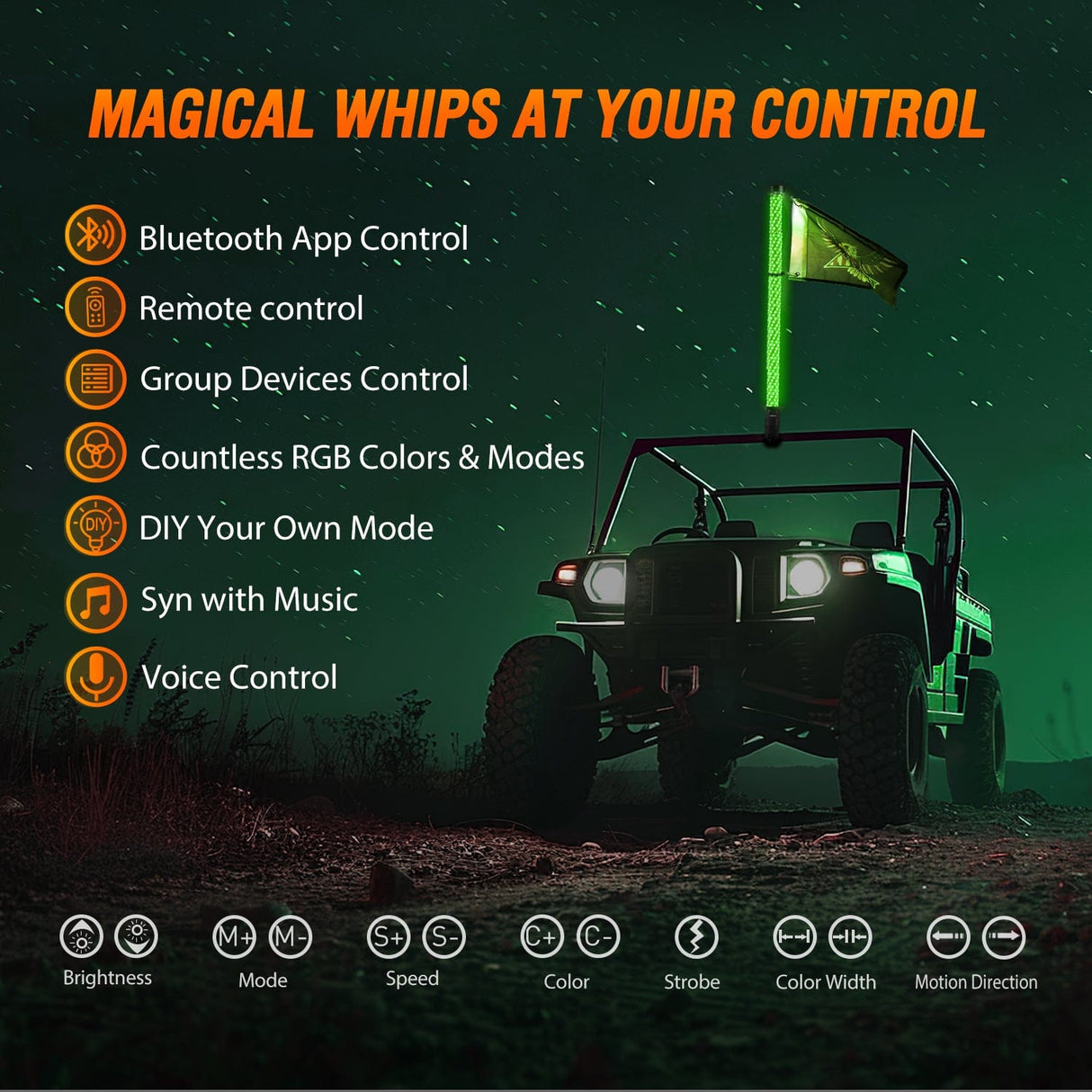 LED Whip Light 1Pc 3FT Spiral Antenna Bluetooth Remote App Control Led Fat Whip Light