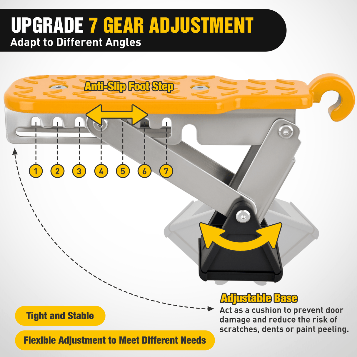Mounting Accessory Car Door Step Universal Aluminum Latch Step for Car Roof Access Portable Folding Car Door Latch Hook Step Multi-Adjustable Both Feet Stand Pedal Max Load 500 Lbs for Truck Suv Vehicles, Yellow