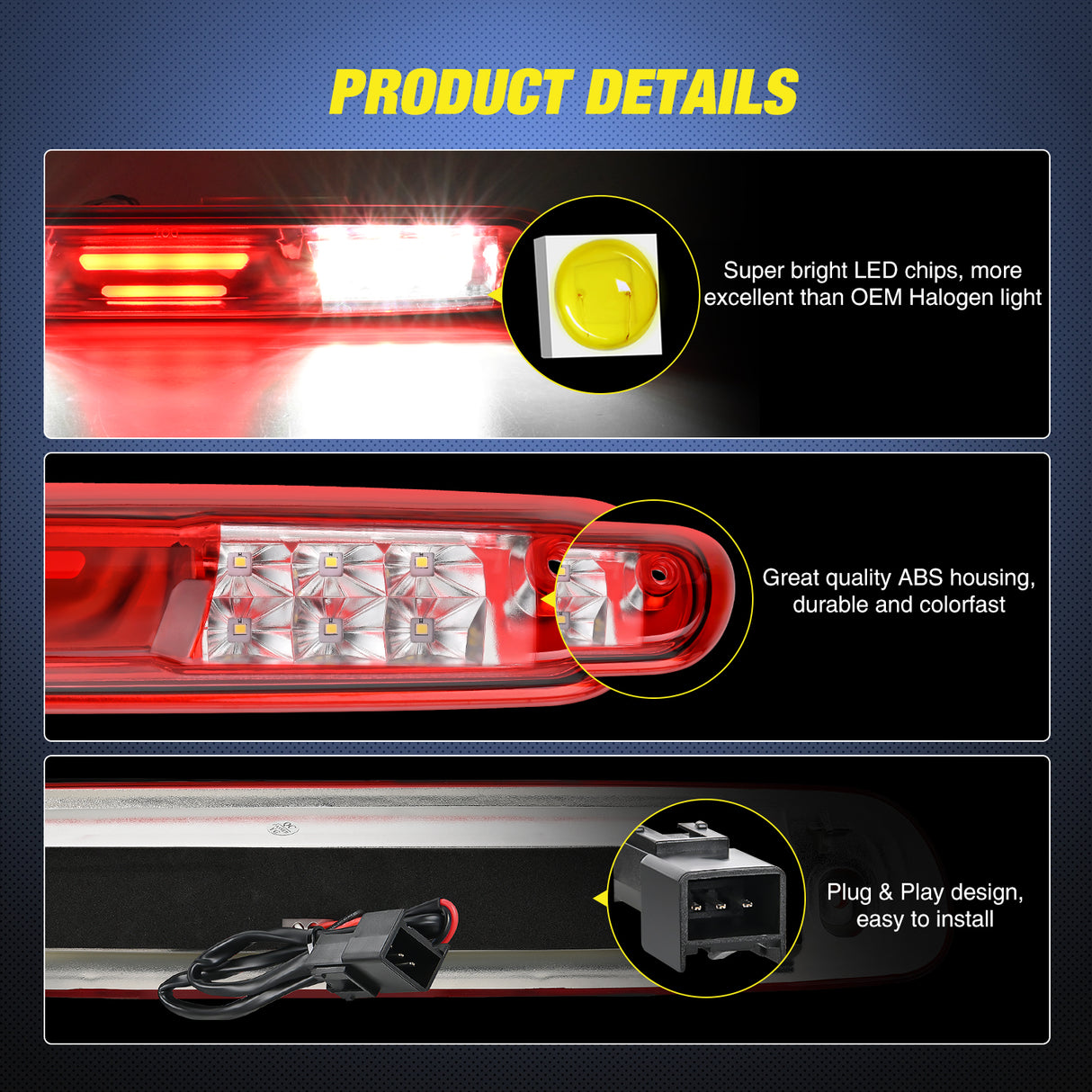 Third Brake Light Third Brake Light High Mount 3rd Brake Stop Reverse Cargo LED Lights Red Shell Compatible with Chevy Silverado GMC Sierra 1500 2500 3500HD 2007 2008 2009 2010 2011 2012 2013 Pickup Truck