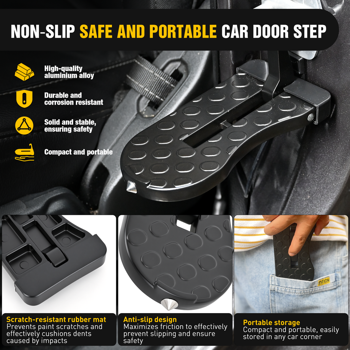 Nilight Car Door Step for Roof Access Universal Car Step Hook for Roof SUV Trucks Folding Aluminum Alloy Vehicle Door Latch Step Pedal With Glass Breaker Safety Hammer, Max Load 400lbs, 1 Pack Black