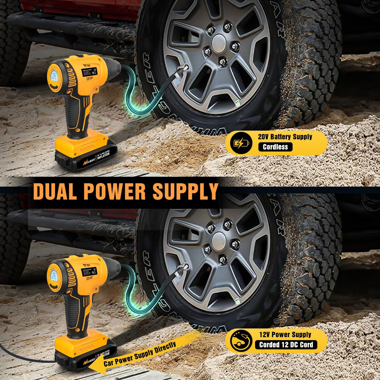 inflator Cordless Tire Inflator 20V Rechargeable Air Compressor with Digital Gauge 150PSI Includes 12V Adapter