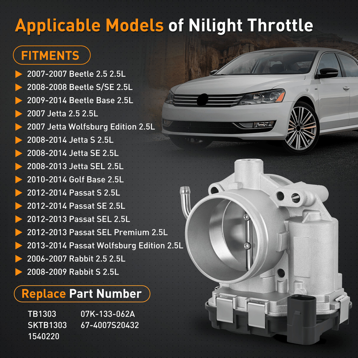 Electronic Throttle Body Electronic Throttle Body fits for Volkswagen Vehicles - Volkswagen Beetle Jetta 2007 2008 2009-2014, Golf 2010-2014, Passat 2012 2013 2014, Rabbit 2006 2007 2008 2009, # 07K-133-062A SKTB1303