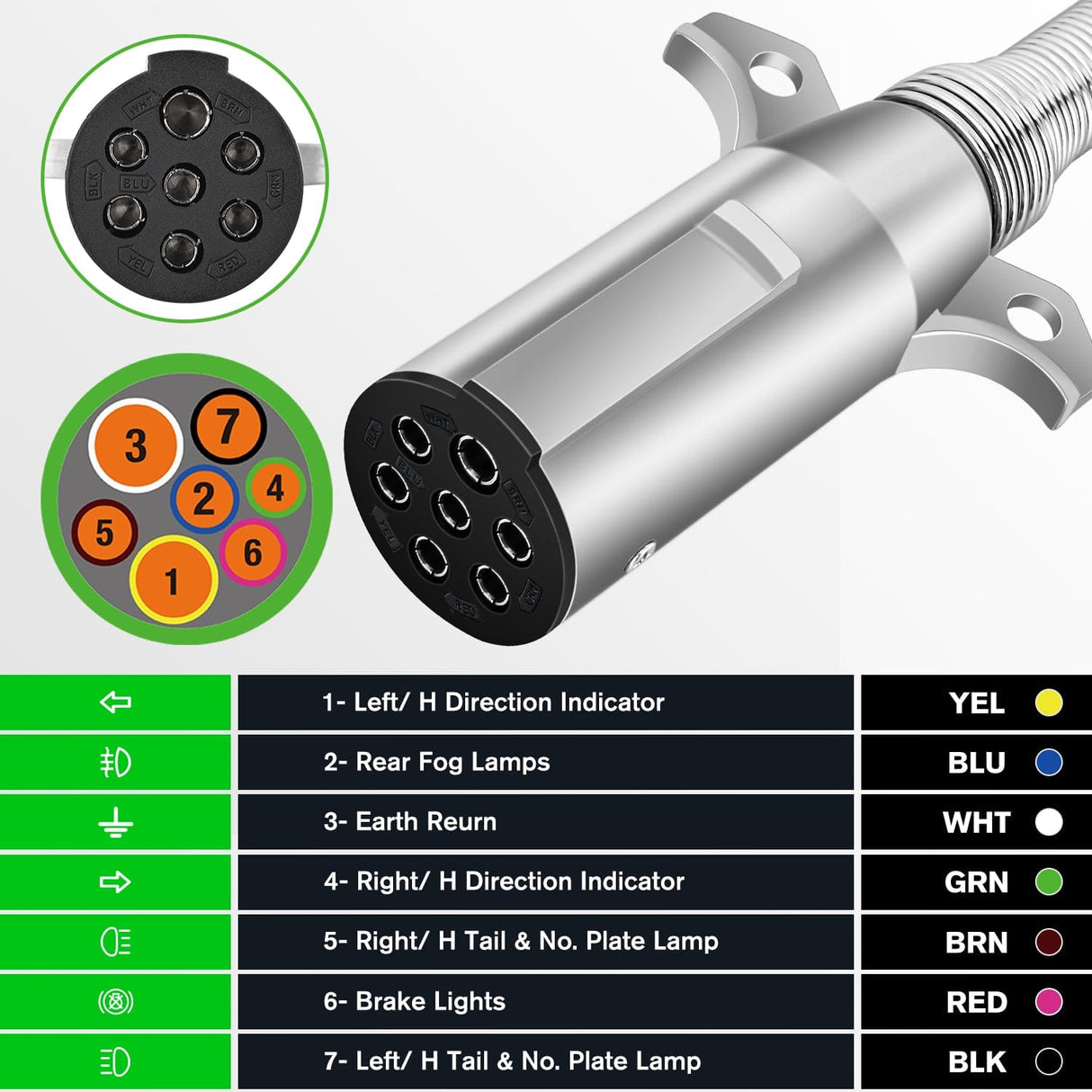 Accessories 7-Way Roumd Plug W/Spring Guard Male Plug