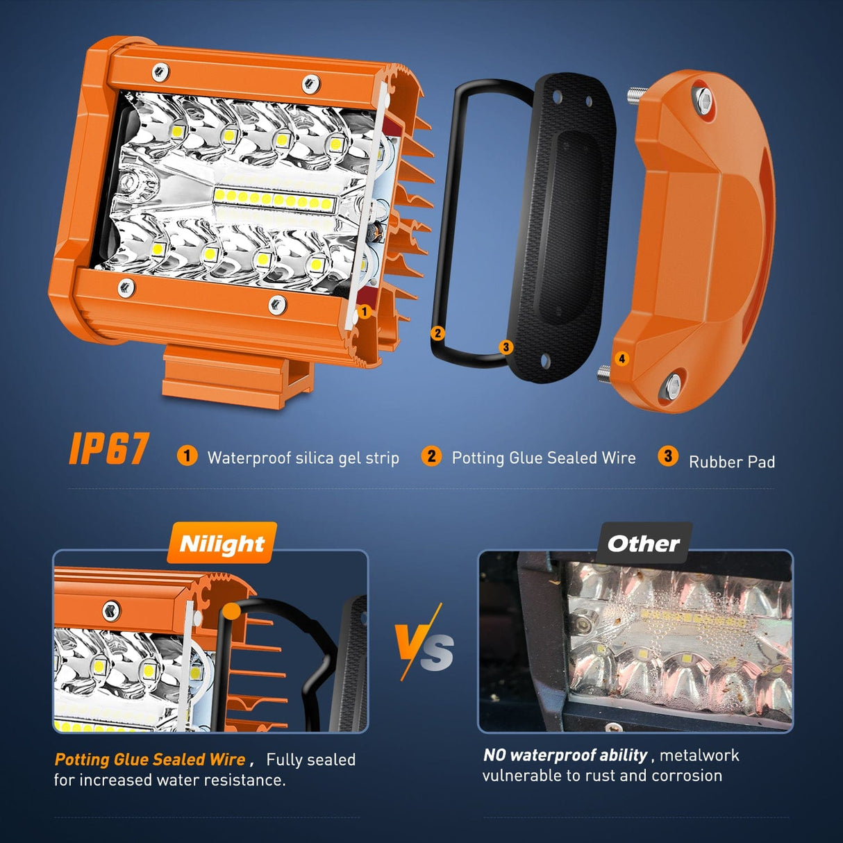 LED Work Light 2pc 4 Inch 20W Spot Flood Combo Orange Case Led Light Bar