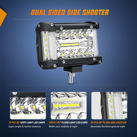 Light Bar Wiring Kit Side Shooter LED Light Bar 2PCS 4.3 Inch Triple Row Spot Flood Combo Lights Work Lighting with 5Pin Rocker Switch Wiring Harness Kit for Off Road Light on Truck SUV ATV UTV
