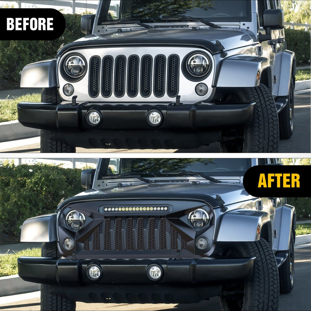 Front Bumper Front Bumper Grill Cover for 2007 2008 2009 2010 2011 2012 2013 2014 2015 2016 2017 2018 Wrangler JK/JKU Rubicon, & Sahara Sport with LED Work Light Pods Matte Black