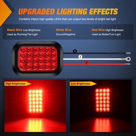 Tail Brake Turn Reverse Lights 6 Pcs 5 X 3 Inch 24 Led Red & White Rectangular Trailer Tail Light