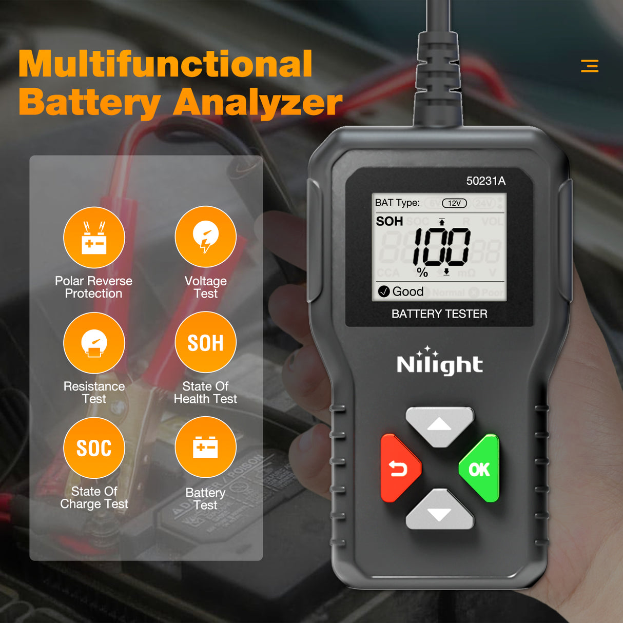 Nilight Car Battery Tester 6V 12V 24V Accurate Digital Auto Analyzer 100-2000 CCA Voltage SOH SOC Internal Resistance Test for Cars Trucks SUV ATV Boats Motorcycles Vehicle