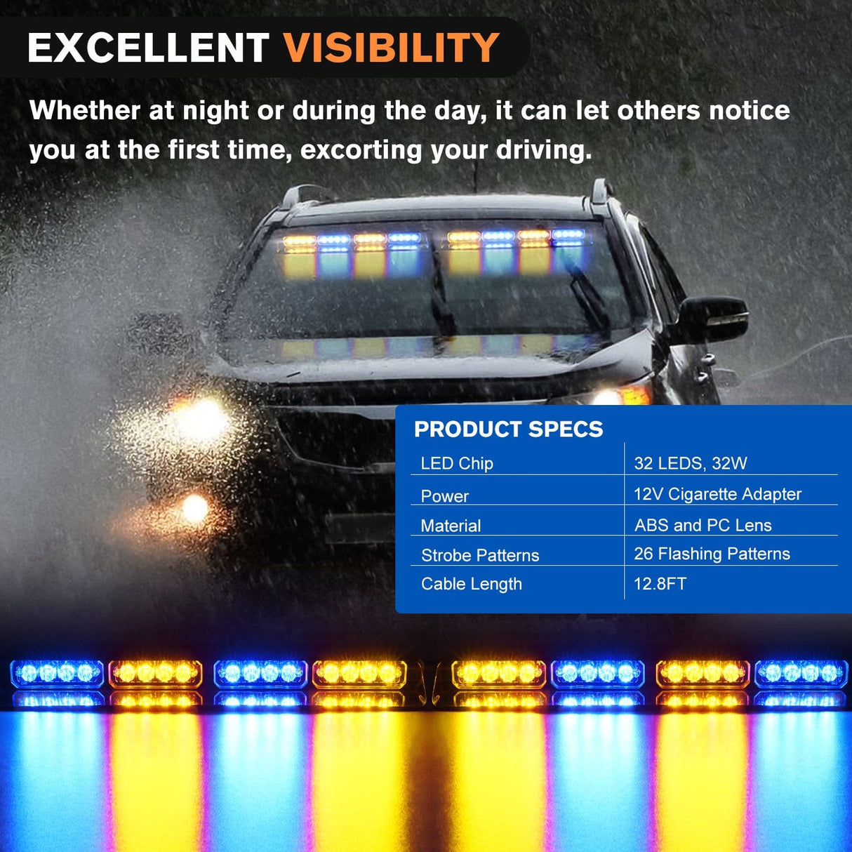 led strobe light 32LED Amber Blue Emergency Dash Strobe Lights with Controller Suction Cups