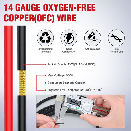 Wiring Harness Kit 30FT 14AWG Oxygen-Free Copper Wire Red Black Electrical Wire Stranded PVC Cord 2 Conductor Parallel 300V DC Flexible Extension Cords