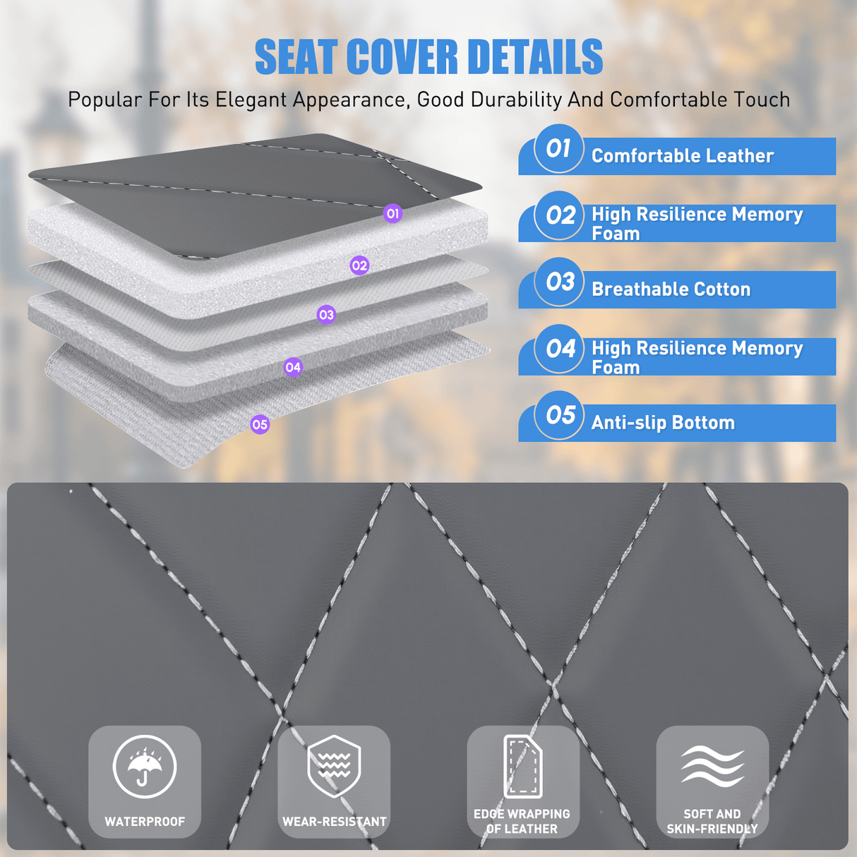 Vehicle Seat Belt Covers Car Seat Cushion Cover Gray Geometric Embroidered Leather Front Seats Waterproof Anti-Slip Comes with Storage Bag Wraps Bottom Fits Cars Sedan Van SUV Truck