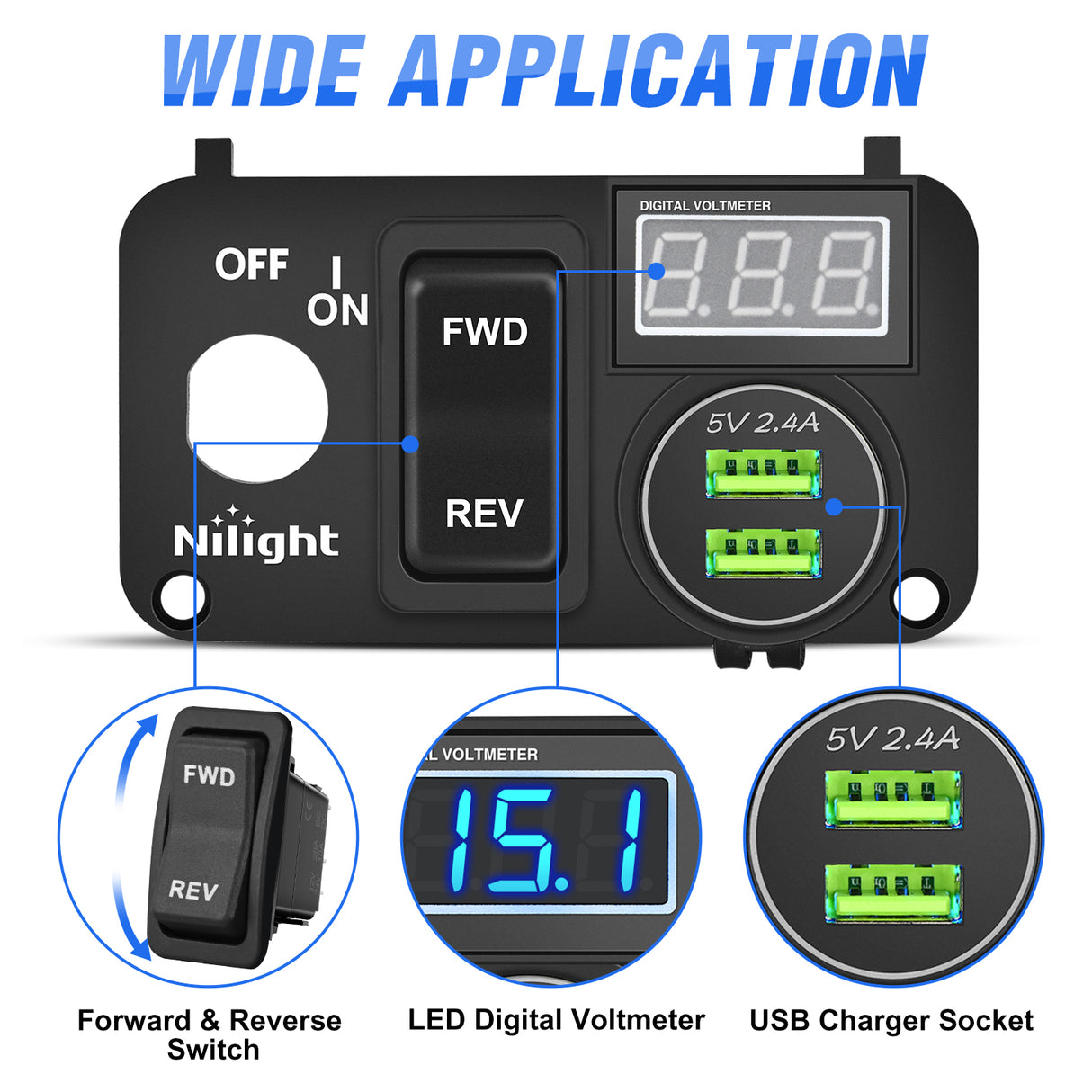 Nilight Golf Cart Key Switch Console Panel 9V-48V DC with Forward Reverse 3PIN Rocker Switches 4.8A Dual USB Quick Charger LED Digital Voltmeter for EZGO TXT PDS