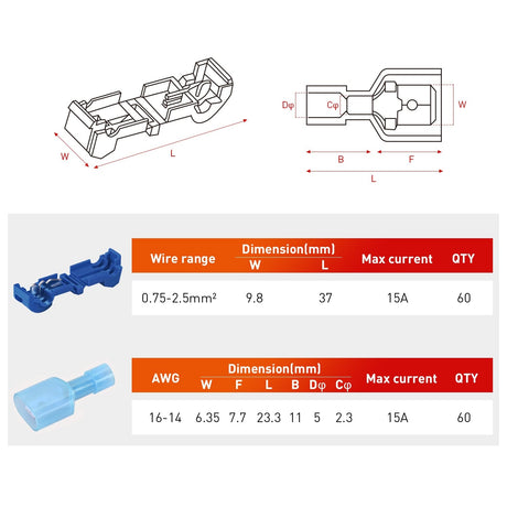 Motor Vehicle Parts 120PCS/60 Pairs Quick Splice Disconnect Wire Terminals T-Tap Spade Wire Connectors Bule 16-14 AWG Male Female Self-Stripping Kit