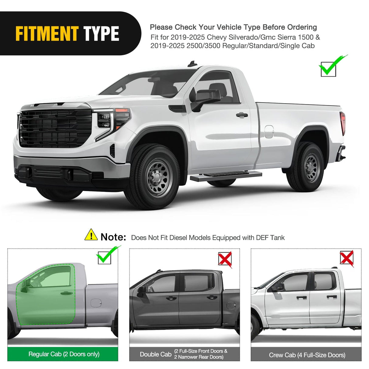 Running Board Running Boards for 2019 2020 2021 2022 2023 2024 2025 Chevy Silverado GMC Sierra 1500 2500 3500 Regular Standard Single Cab 6 Inch Side Step Nerf Bars Stainless Steel