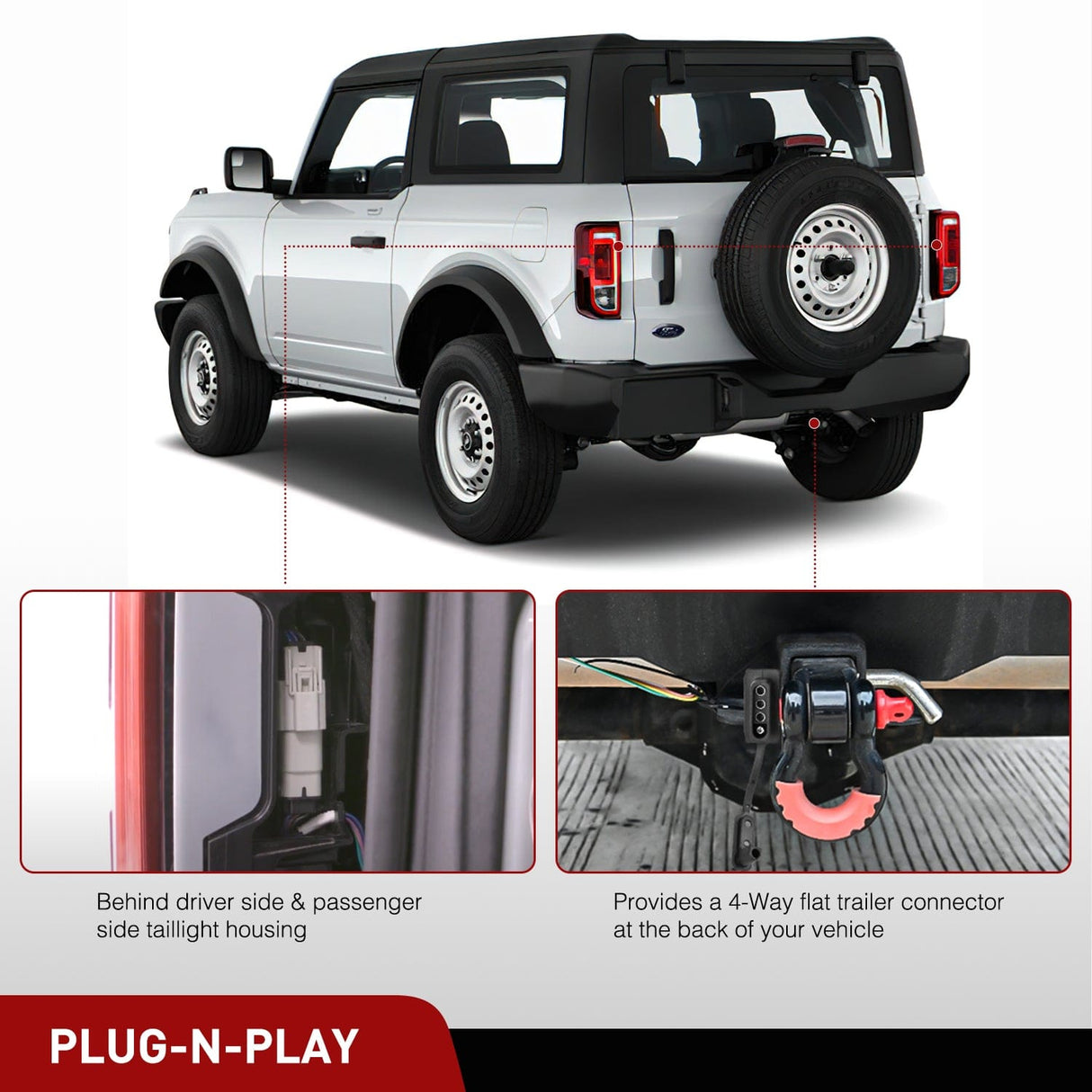 Trailer Hitch 4 Pin Trailer Wiring Harness Kit 56468 Custom for 2021 2022 2023 2024 Ford Bronco with LED taillights