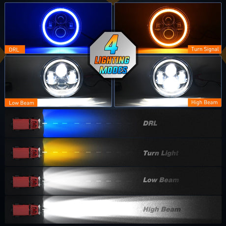 LED Headlight 7 Inch Round LED Halo Headlights w/Turn Signal Amber Light Blue DRL High Low Beam 7Inch Headlight Compatible with 2007 2008 2009 2010 2011 2012 2013 2014 2015 2016 2017 2018 Wrangler JK JKU