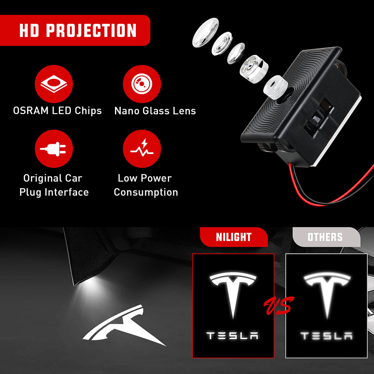 Nilight Door Projector Puddle Lights Compatible with Tesla Model 3/Y/S/X, Welcome Courtesy Step Door Interior Lamps Super Bright, 4-Pack