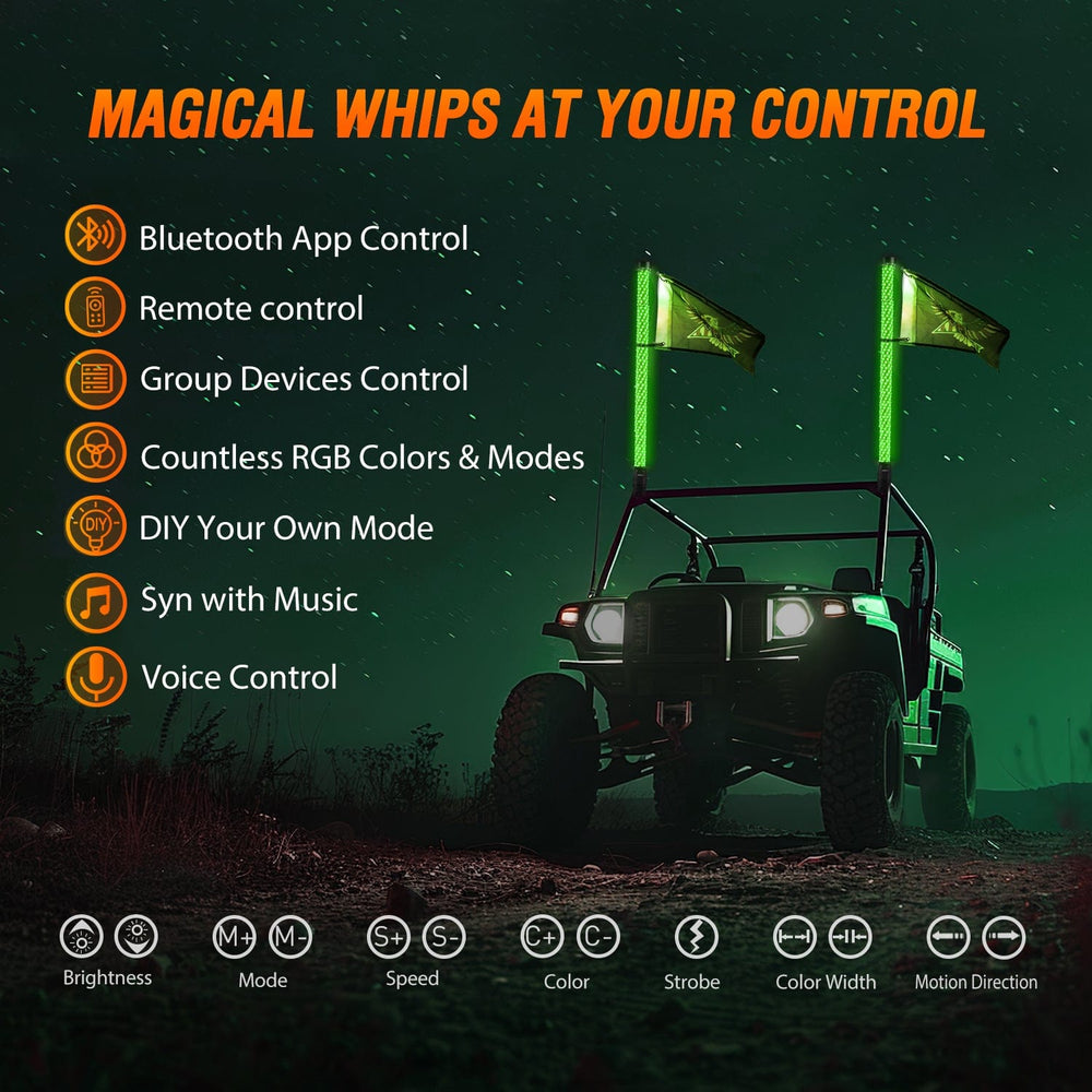 LED Whip Light 2Pcs 3FT Spiral Antenna Bluetooth Remote App Control Led Fat Whip Light