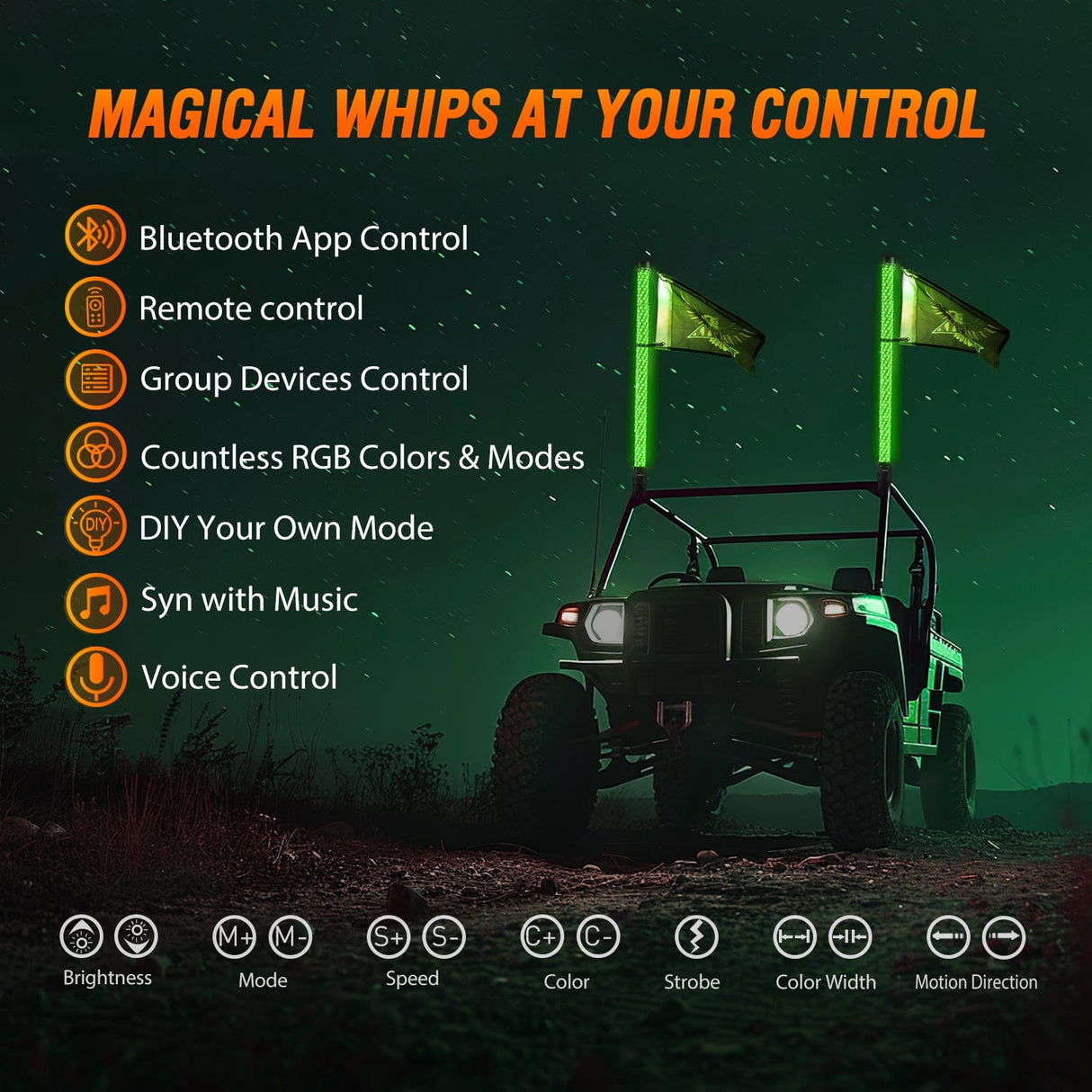 LED Whip Light 2Pcs 3FT Spiral Antenna Bluetooth Remote App Control Led Fat Whip Light