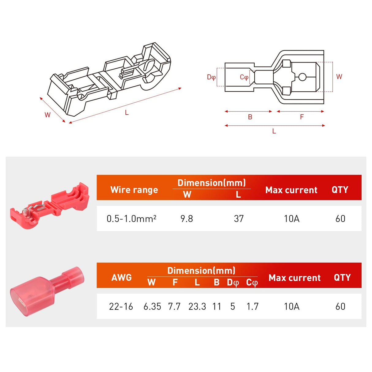 Motor Vehicle Parts 120PCS/60 Pairs Quick Splice Disconnect Wire Terminals T-Tap Spade Wire Connectors Red 22-16 AWG Male Female Self-Stripping Kit