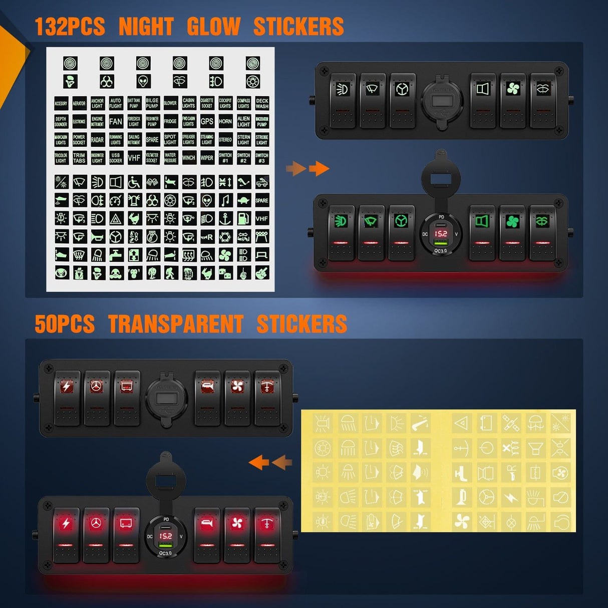 Rocker Switch 6Gang Aluminum ON/Off Rocker Switch Box w/ QC 3.0 Dual USB Charger Voltmeter with Red Backlit