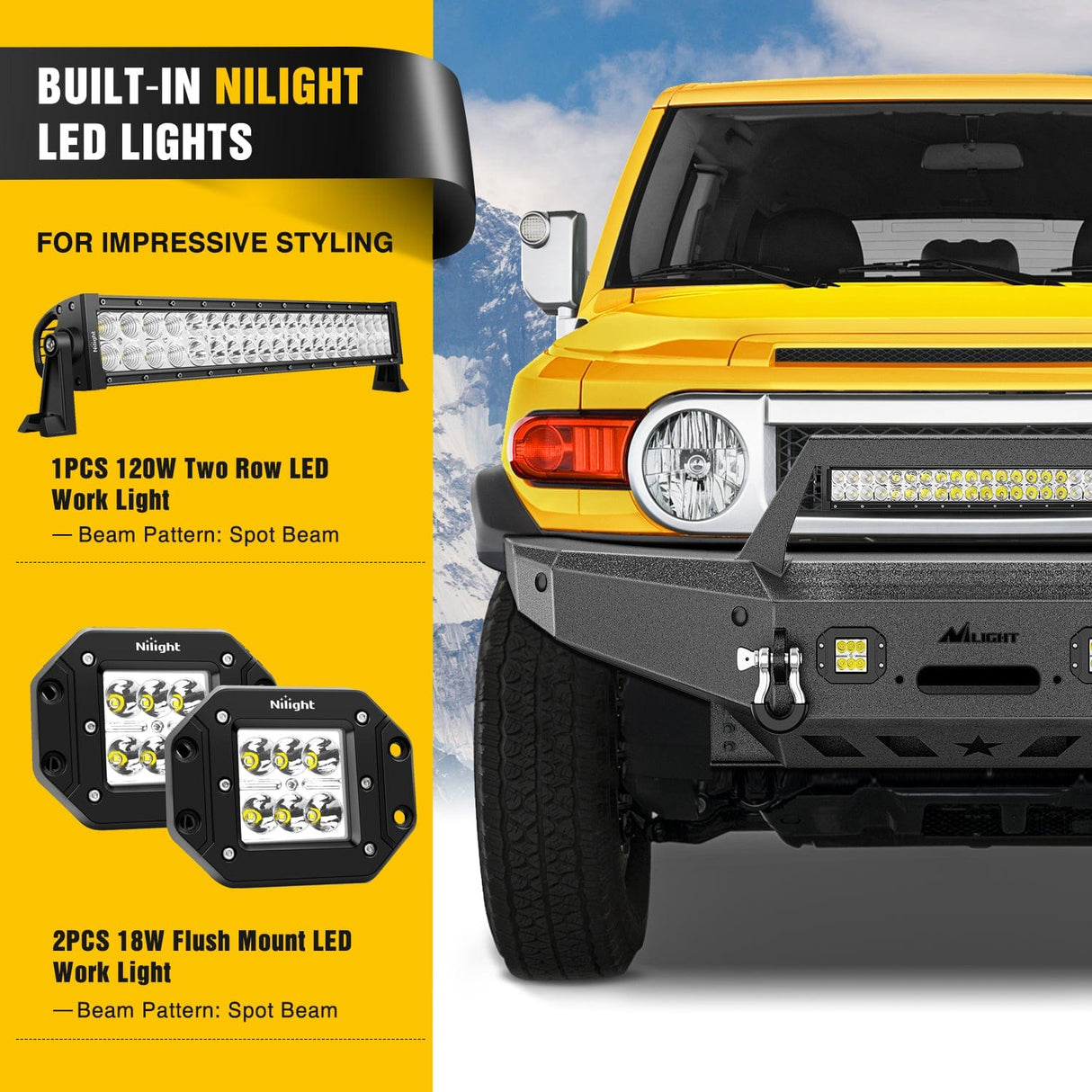 Front Bumper 2007 2008 2009 2010 2011 2012 2013 2014 Toyota FJ Cruiser Front Bumper Winch Plate Offroad 120W Light Bar 18W LED Light Pods 2 D-Rings