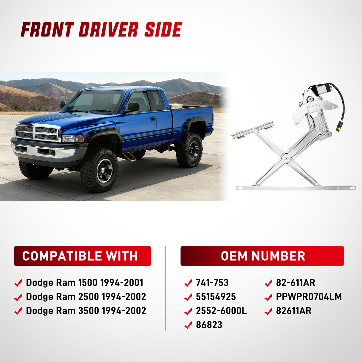 741-753 Power Window Regulator and Motor Front Driver Side Compatible with Dodge Ram 1500 1994 1995 1996 1997 1998 1999 2000 2001,Ram 2500 3500 1994-2002,Front Left Side