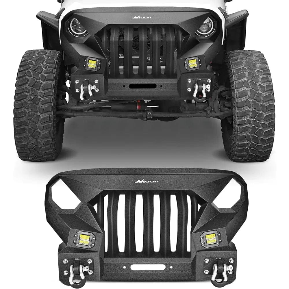 Front Bumper 2007 2008 2009 2010 2011 2012 2013 2014 2015 2016 2017 2018 Jeep Wrangler JK & Unlimited (2/4 Doors) Front Bumper Grill with Winch Plate 2Pcs 42W LED Work Light Pods Textured Black Solid Steel Off-Road