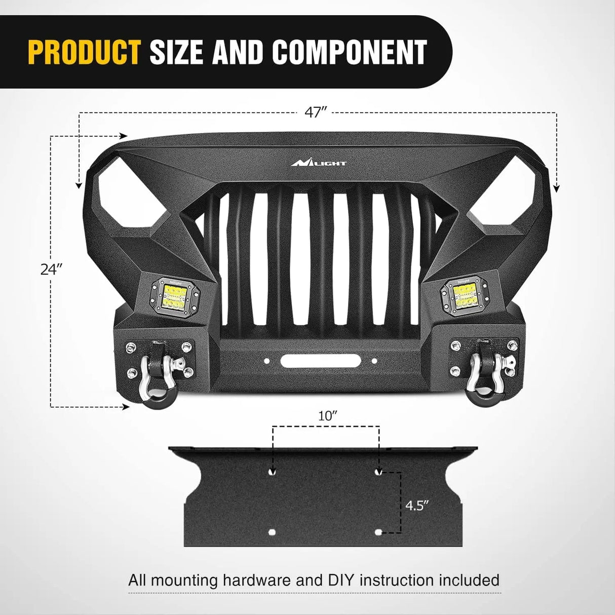 Front Bumper 2007 2008 2009 2010 2011 2012 2013 2014 2015 2016 2017 2018 Jeep Wrangler JK & Unlimited (2/4 Doors) Front Bumper Grill with Winch Plate 2Pcs 42W LED Work Light Pods Textured Black Solid Steel Off-Road