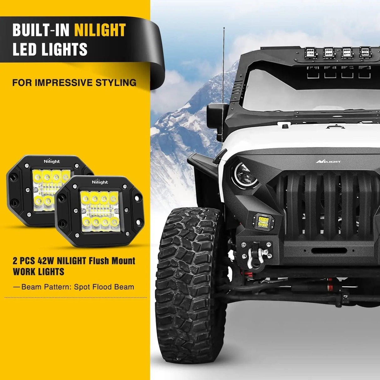 Front Bumper 2007 2008 2009 2010 2011 2012 2013 2014 2015 2016 2017 2018 Jeep Wrangler JK & Unlimited (2/4 Doors) Front Bumper Grill with Winch Plate 2Pcs 42W LED Work Light Pods Textured Black Solid Steel Off-Road