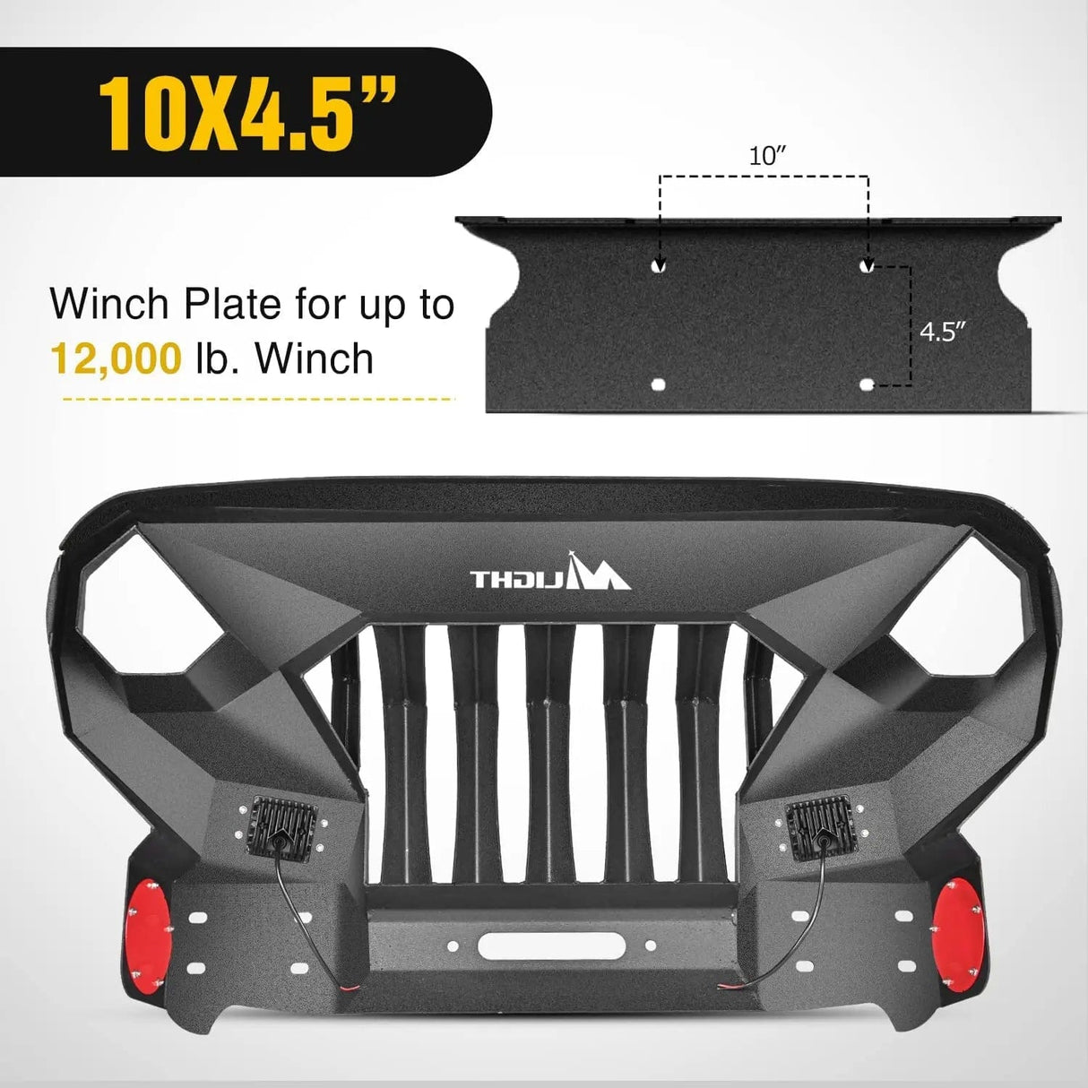 Front Bumper 2007 2008 2009 2010 2011 2012 2013 2014 2015 2016 2017 2018 Jeep Wrangler JK & Unlimited (2/4 Doors) Front Bumper Grill with Winch Plate 2Pcs 42W LED Work Light Pods Textured Black Solid Steel Off-Road