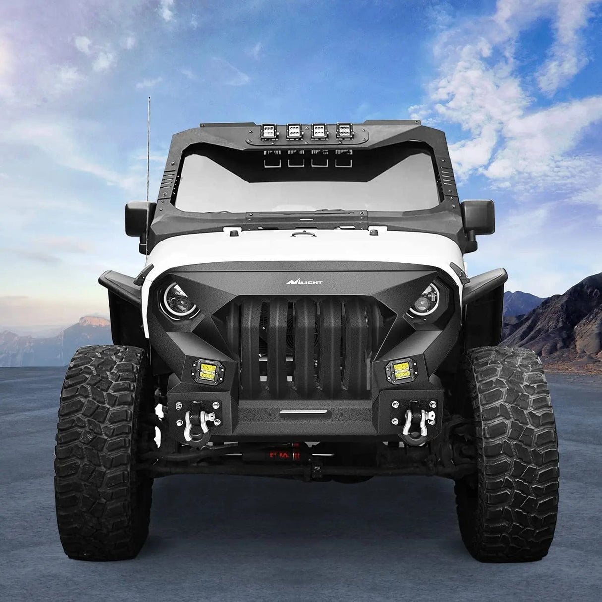 Front Bumper 2007 2008 2009 2010 2011 2012 2013 2014 2015 2016 2017 2018 Jeep Wrangler JK & Unlimited (2/4 Doors) Front Bumper Grill with Winch Plate 2Pcs 42W LED Work Light Pods Textured Black Solid Steel Off-Road