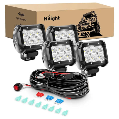 Light Bar Wiring Kit 4 Inch 18W 1260LM Double Row Flood LED Pods (2 Pairs) | 16AWG Wire 3Pin Switch