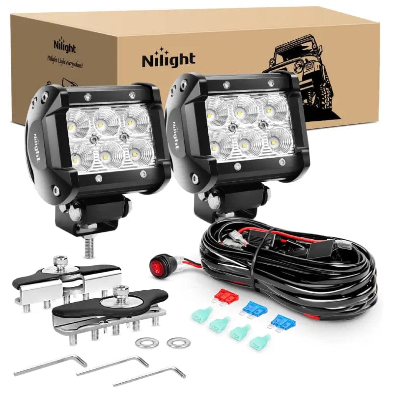 LED Light Bar 4 Inch 18W Flood LED Pods (Pair) | Pillar Hood Mount | 16AWG Wire 3Pin Switch