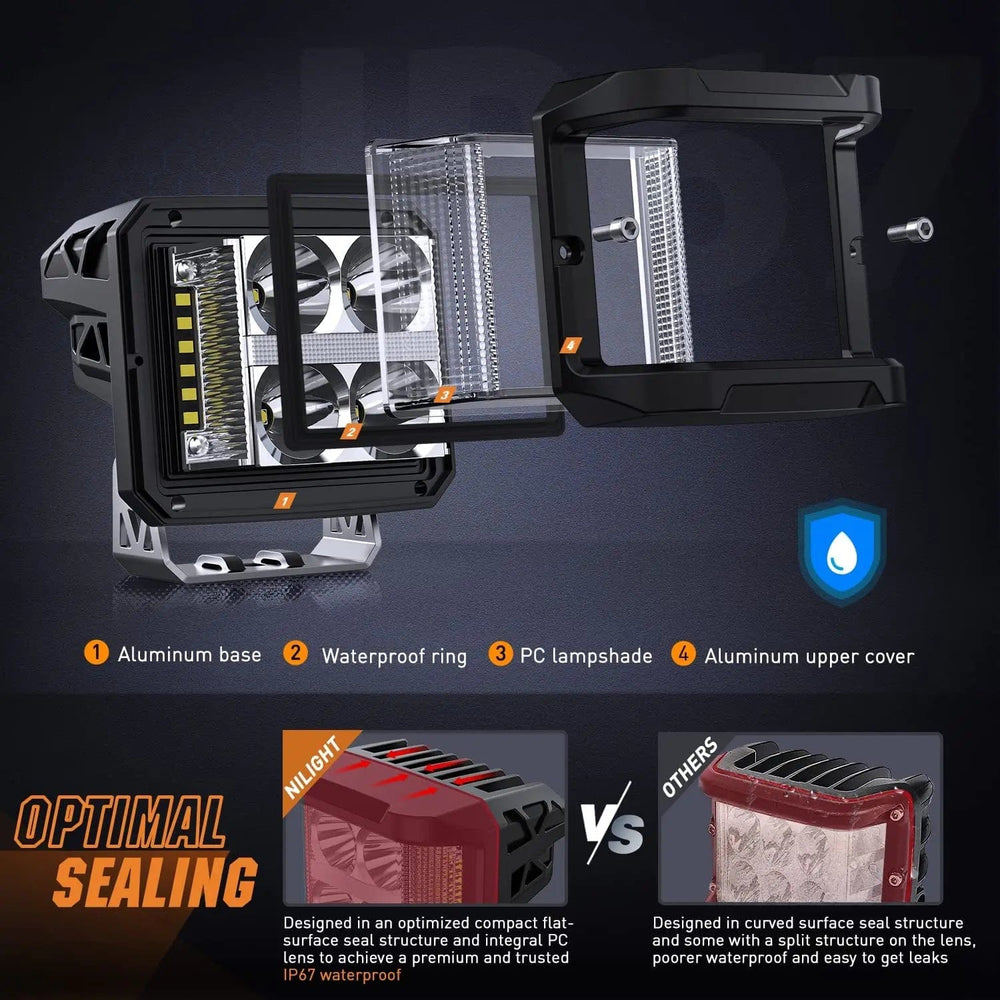 LED Light Bar 4 Inch 26W 2830LM Side Shooter DRL Spot Flood LED Pods (Pair) | 16AWG DT Wire